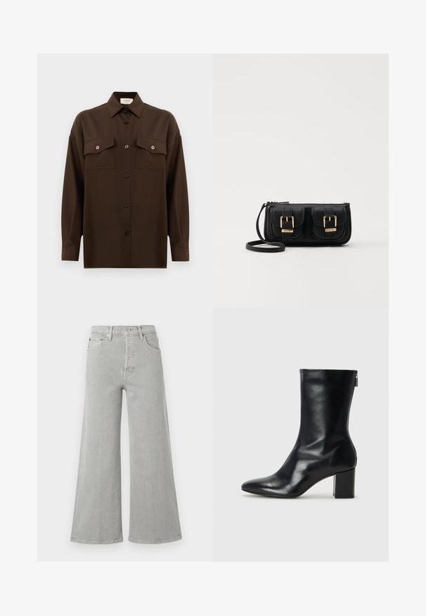 Camisa de manga larga de color marrón oscuro con botones, dos bolsillos en el pecho con solapa y un cuello clásico, exhibida contra un fondo blanco liso.; Jeans de pierna ancha de color gris claro, hechos de mezclilla, con cintura alta, bolsillos frontales y cierre de botón. Textura suave con detalles de diseño mínimos.; Bota de cuero negro hasta el tobillo con punta afilada y tacón de bloque de 4 cm. Su diseño elegante incluye una cremallera lateral para facilitar su uso. Textura suave.; Bolso cruzado de cuero negro con dos bolsillos frontales, hebillas doradas, cierre de cremallera y una correa delgada. Superficie texturizada y forma rectangular compacta.