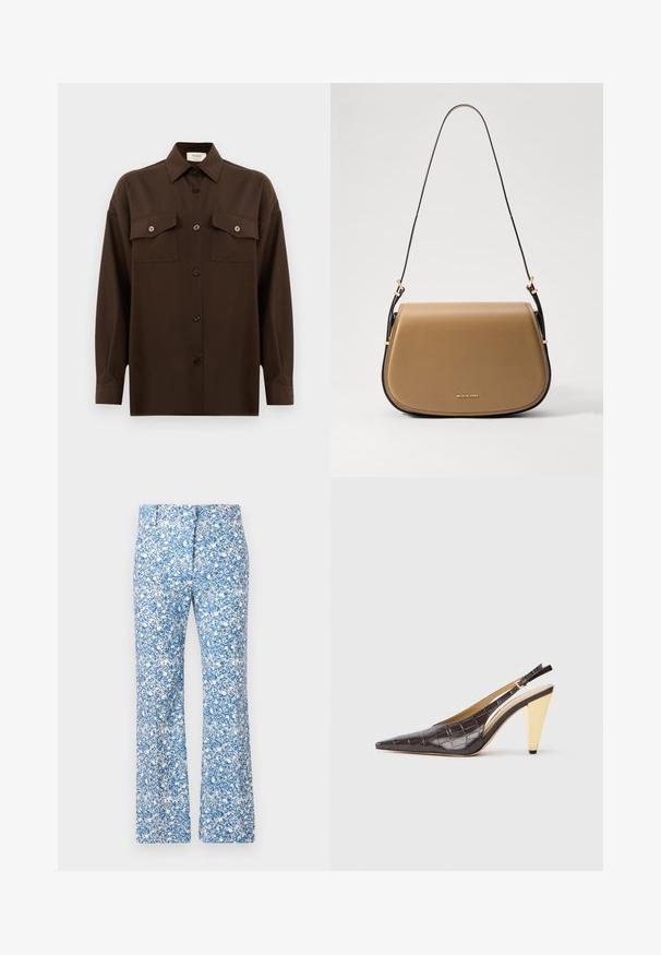 Dark brown long-sleeve button-up shirt with two flap chest pockets and a classic collar, displayed against a plain white background.; Flared pants in blue and white floral pattern, featuring a smooth fabric, a zipper fly, and two front pockets.; Pointed-toe slingback heel in dark brown glossy faux crocodile leather. Features a gold-tone geometric heel and adjustable ankle strap.; Tan leather crossbody bag with a curved shape, gold hardware accents, and a slim dark strap. Smooth texture with stitching details.