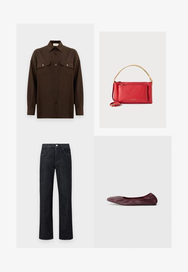 Camisa de botões de manga longa castanho-escuro, com dois bolsos de aba no peito e um colarinho clássico, apresentada contra um fundo branco liso.; Jeans de ganga pretos com um corte straight leg, apresentando cinco bolsos, um fecho frontal com botão e costuras em contraste ao longo das costuras.; Sapatilha em pele burdeos escura, com bico redondo, borda elástica e textura suave com detalhe de pregas subtil.; Bolsa de mão em couro vermelho com acabamento texturizado, corrente e alça em dourado, bolso frontal com zíper e logótipo em relevo. Design compacto e estruturado.