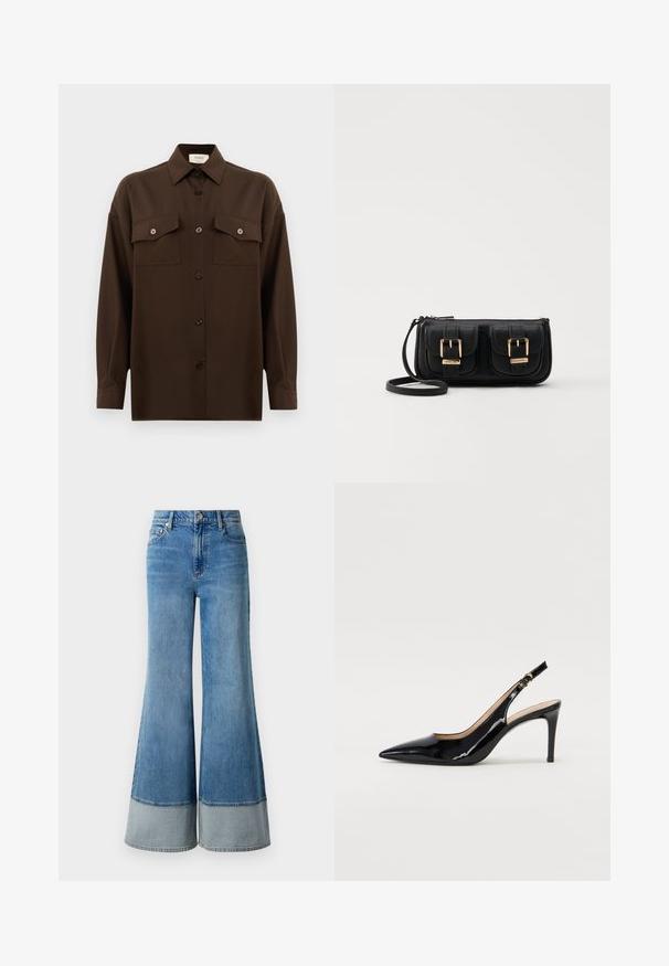 Sötétbarna, hosszú ujjú, gombos ing, két zsebével a mellén és klasszikus gallérral, egyszerű fehér háttér előtt bemutatva.; Világoskék, bővebb szárú farmernadrág magas derékkal, kontrasztos farmerhajlítással a szegélyen, klasszikus öt zsebes kialakítással és fémből készült gombos zárással.; Fekete lakk bőr kötött magassarkú cipő, hegyes orral és karcsú sarokkal, finom kivágásos dizájnnal. Az övön arany csatt található.; Fekete bőr keresztbody táska két elülső zsebbel, arany csattokkal, cipzáras záródással és vékony pánttal. Textúrált felület és kompakt téglalap alak.