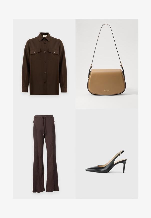 Dark brown long-sleeve button-up shirt with two flap chest pockets and a classic collar, displayed against a plain white background.; Brown ribbed flared pants with a drawstring waist and decorative stitching along the sides. Soft texture with a relaxed fit.; Black leather slingback high heels with a pointed toe, adjustable strap, and a sleek stiletto heel, featuring a smooth finish.; Tan leather crossbody bag with a curved shape, gold hardware accents, and a slim dark strap. Smooth texture with stitching details.