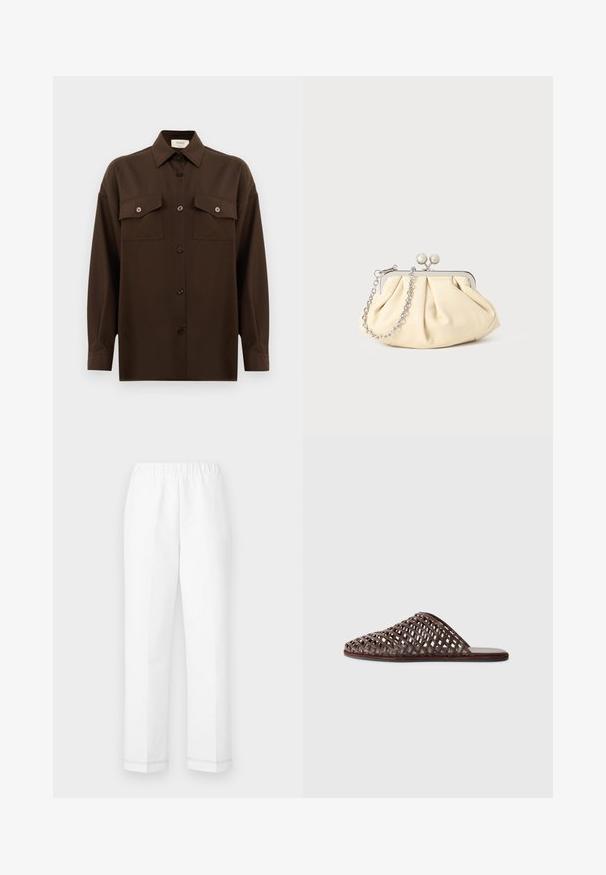 Cămașă lungă, cu mâneci lungi, de culoare maro închis, cu două buzunare frontale cu clapetă și guler clasic, expusă pe un fundal alb simplu.; Pantaloni albi cu talie elastică, croi drept și detaliu subtil de cusătură la tiv. Făcuți dintr-un material ușor și respirabil.; Sandale tip slide împletite, de culoare maronie, cu vârf rotund, design deschis, talpă plată și suprafață texturată. Material ușor și siluetă minimalistă.; Clutch din piele plisată bej, cu un cadru din metal argintiu, având două închideri decorative rotunde și o curea din lanț argintiu.