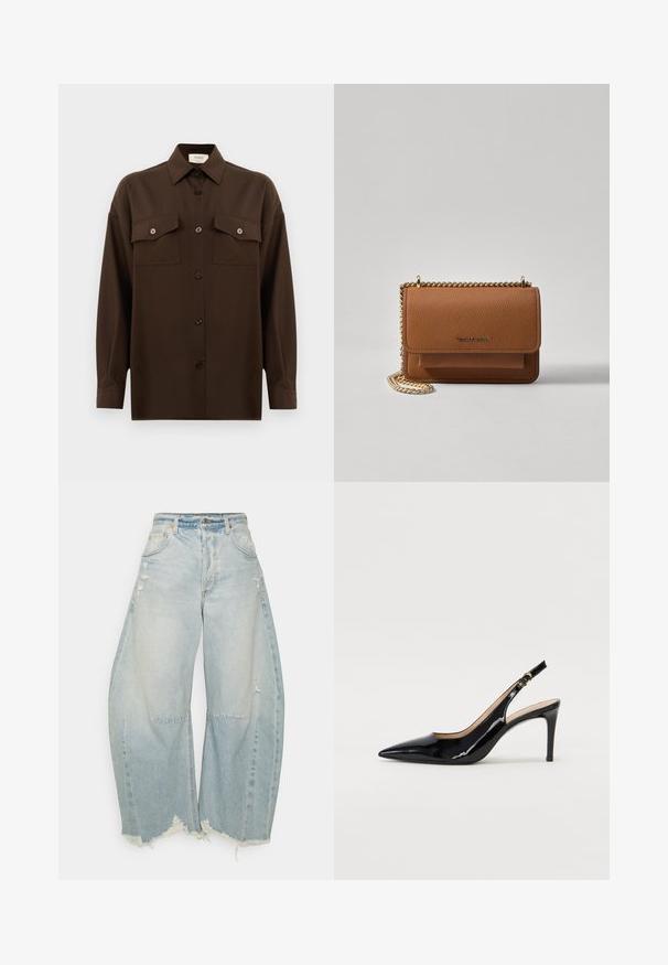 Ciemnobrązowa, długa koszula z guzikami, z dwiema kieszeniami na klatce piersiowej i klasycznym kołnierzykiem, zaprezentowana na jednolitym białym tle.; Jasnoniebieskie dżinsy o szerokich nogawkach z wyblakłym wykończeniem, z przetarciami i postrzępionym dołem. Posiada przednie kieszenie i klasyczne zapięcie na guzik.; Czarne lakierowane szpilki typu slingback z szpiczastym noskiem, smukłym obcasem i subtelnym wycięciem. Posiadają złotą klamrę na pasku.; Brązowa skórzana torba na ramię z teksturą, z złotym łańcuszkiem i zapięciem na klapkę. Z przodu znajduje się detal z logo oraz kieszeń pod klapką.