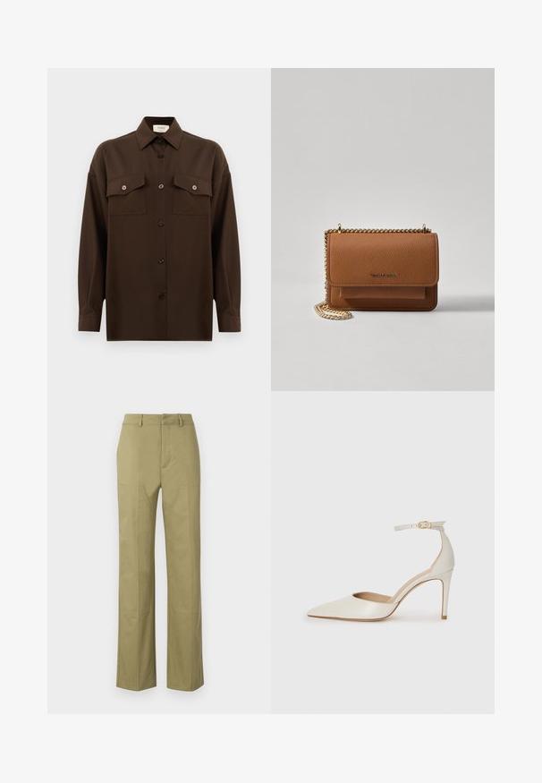 Dark brown long-sleeve button-up shirt with two flap chest pockets and a classic collar, displayed against a plain white background.; Khaki trousers made of cotton blend, featuring a straight leg design, visible seams, and pockets on the front sides.; White leather high-heeled shoe with a pointed toe, ankle strap, and a slim stiletto heel. Smooth texture with subtle glossy finish.; Brown textured leather crossbody bag with gold chain strap and flap closure. Front features logo detail and a pocket under the flap.