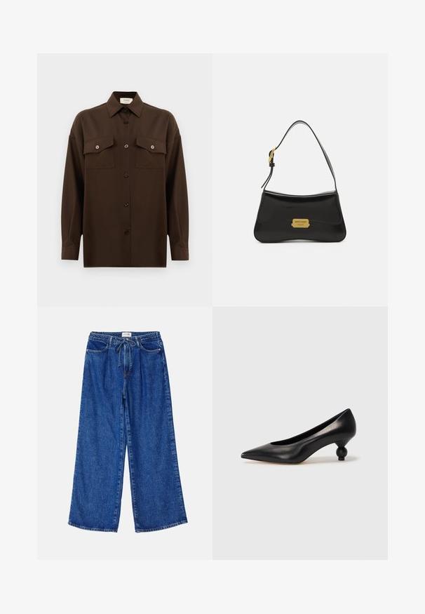 Tmavohnedá košeľa s dlhým rukávom, na gombíky, s dvoma vreckami na hrudi a klasickým golierom, umiestnená na jednoduchom bielom pozadí.; Modré široké džínsy vyrobené z denimu, vybavené elastickým pásom s šnúrkou, dvoma prednými vreckami a voľným strihom.; Čierna kožená vysoká topánka na podpätku s ostrým špičkou a okrúhlym, guľatým podpätkom. Hladký povrch s moderným, minimalistickým dizajnom.; Čierna kožená kabelka s krivkovým dizajnom, akcentom vo forme zlatej loga a tenkým ramenným popruhom. Hladká textúra s elegantným povrchom.