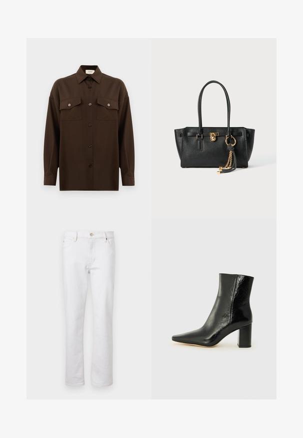 Chemise à manches longues brun foncé avec boutons, dotée de deux poches poitrine à rabat et d'un col classique, présentée sur un fond blanc uni.; Jeans en denim blanc avec une coupe droite, design à cinq poches, couture légère et fermeture à bouton en métal argenté. Texture lisse et détails minimaux.; Bottines noires en cuir brillant avec un nez pointu et un talon large et carré. Présente une texture lisse et un design minimaliste.; Sac à main en cuir noir avec double anses, serrure dorée et détails en chaîne, et accessoire à pompon noir et blanc sur fond blanc.
