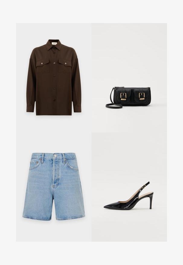 Tamno smeđa dugosleeve košulja s dugim rukavima i dugmadi, s dva džepa s preklopom na prsima i klasičnim ovratnikom, prikazana na jednostavnoj bijeloj pozadini.; Svijetloplave traper kratke hlače ravnog kroja, s dva prednja džepa, zatvaranjem na gumb i patentni zatvarač, te laganim istrošenjem duž rubova.; Crne lakirane slingback cipele s oštrim vrhom, uskim potpeticama i suptilnim izrezom. Sadrže zlatnu kopču na traku.; Crna kožna torba preko ramena s dva prednja džepa, zlatnim kopčama, zatvaranjem na zip i uskim remenom. Teksturirana površina i kompaktan pravokutan oblik.