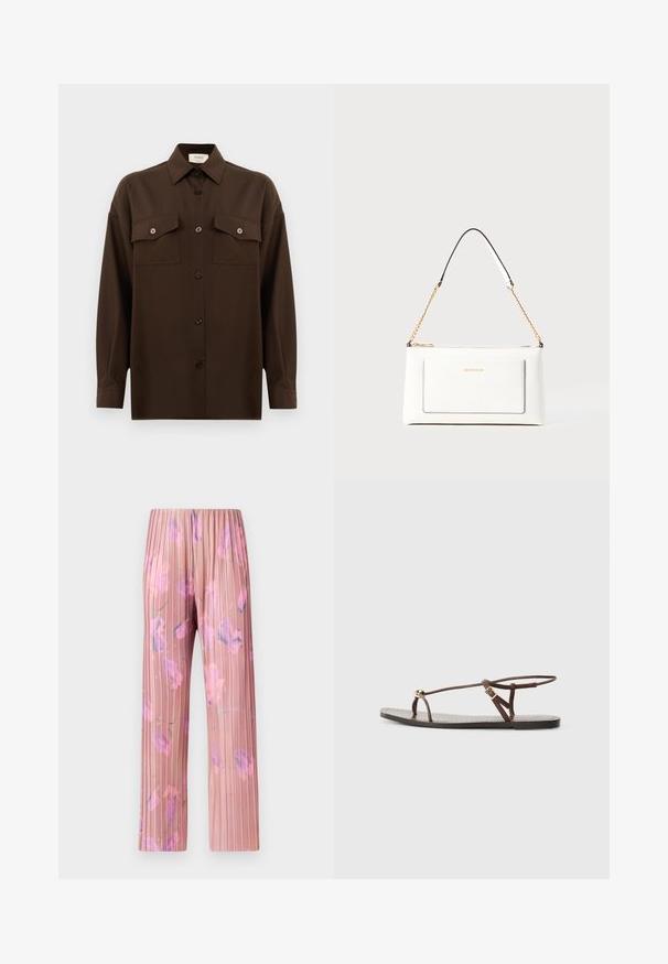 Sötétbarna, hosszú ujjú, gombos ing, két zsebével a mellén és klasszikus gallérral, egyszerű fehér háttér előtt bemutatva.; MAX&Co. TOSCA - Nadrágok - pastel rose; Barna bőr szandál vékony pántokkal, arany kör alakú díszítéssel és lapos talppal. Minimalista dizájn, állítható csat részlettel.; Fehér bőr kézitáska, texturált felülettel, arany lánccal és fekete részletekkel. Elülső zsebbel és cipzáros zárással rendelkezik.