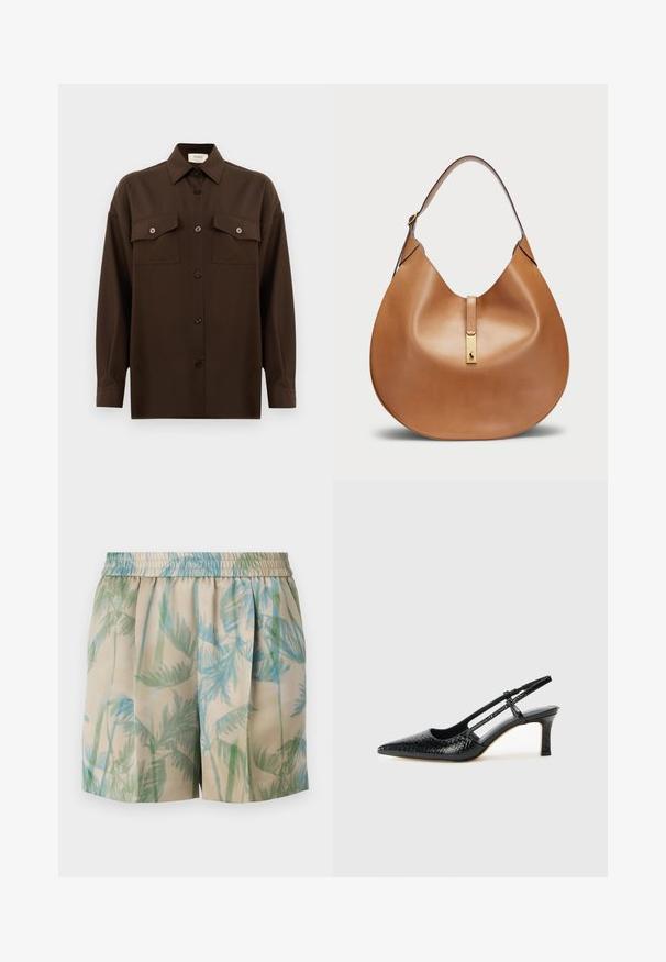 Dark brown long-sleeve button-up shirt with two flap chest pockets and a classic collar, displayed against a plain white background.; Shorts in a lightweight fabric featuring a beige background with blue and green palm leaf patterns, elastic waistband, and pleated design.; Black patent slingback heel with a pointed toe, featuring textured snake print, adjustable strap, and a short, textured block heel.; Tan leather handbag with a curved shape and a wide shoulder strap. Features a gold metal accent at the center and smooth texture.