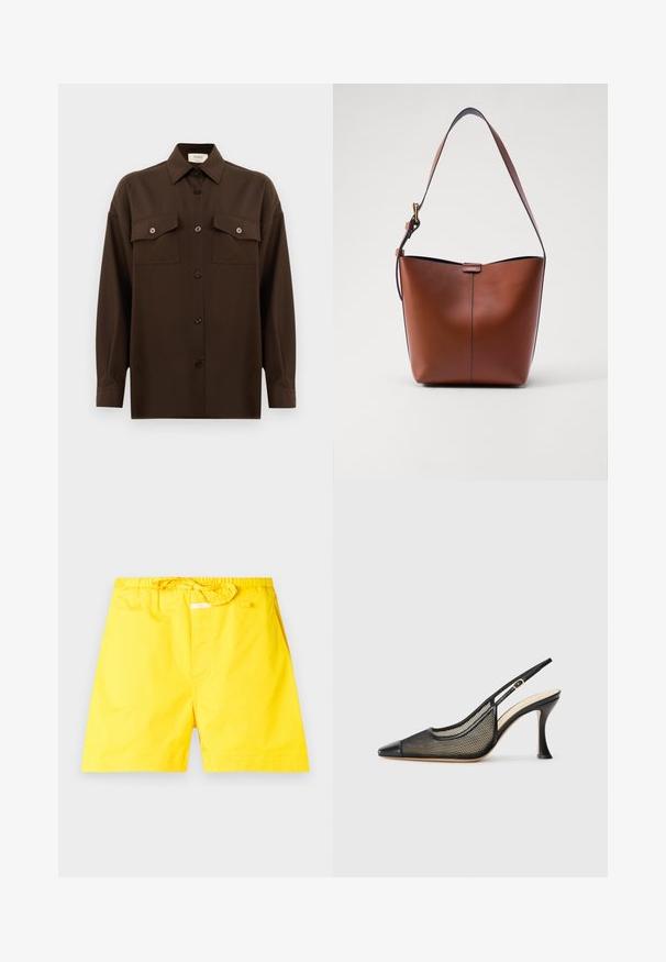 Dunkelbraunes Langarmhemd mit Knopfleiste, zwei Brusttaschen mit Klappe und klassischem Kragen, vor einem schlichten weißen Hintergrund präsentiert.; Gelbe Badehose mit elastischem Bund und verstellbarem Kordelzug. Sie zeichnet sich durch eine glatte Textur aus und hat keine sichtbaren Muster oder Akzente.; Schwarze Slingback-Pumps mit hohem Absatz, spitzer Zehenform, Netzdetails und einer glatten Lederkappe. Die Farben umfassen Schwarz und beige Akzente.; Braune Leder-Schultertasche mit geschwungener Form, glatter Textur und einem einzelnen dünnen Trageriemen. Verfügt über eine dezente Naht und ein kleines Logodetail.