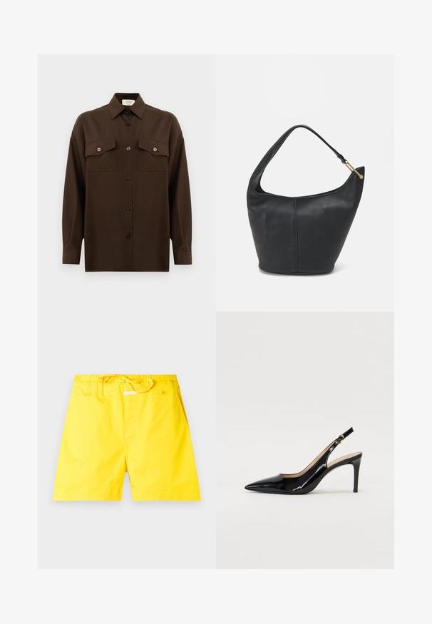 Dunkelbraunes Langarmhemd mit Knopfleiste, zwei Brusttaschen mit Klappe und klassischem Kragen, vor einem schlichten weißen Hintergrund präsentiert.; Gelbe Badehose mit elastischem Bund und verstellbarem Kordelzug. Sie zeichnet sich durch eine glatte Textur aus und hat keine sichtbaren Muster oder Akzente.; Schwarz lackierte Slingback-Pumps mit spitzem Zehenbereich, schlankem Absatz und einem subtilen Ausschnittdesign. Verfügt über eine goldene Schnalle am Riemen.; Schwarze Lederhandtasche mit abgerundeter Form, breitem Tragegurt und strukturiertem Finish. Besitzt eine subtile Nahtdetails und einen Akzent aus goldfarbenem Metall.
