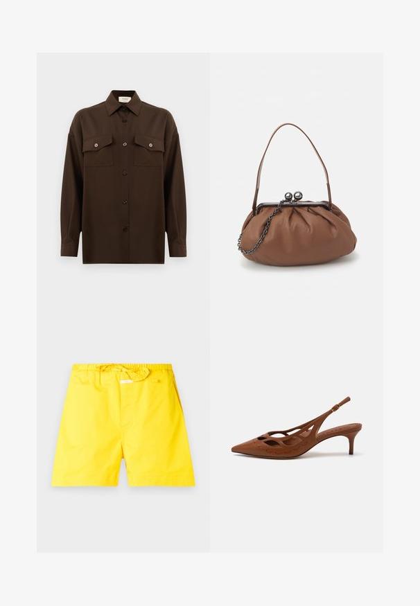 Camisa de manga larga de color marrón oscuro con botones, dos bolsillos en el pecho con solapa y un cuello clásico, exhibida contra un fondo blanco liso.; Bañador amarillo con cintura elástica y cordón ajustable. Presenta una textura suave y no tiene patrones ni acentos visibles.; Zapato de tacón slingback de cuero marrón con puntera afilada, diseño recortado y detalles de costura. Presenta un tacón delgado y una correa ajustable.; Bolso de cuero marrón con un diseño gather, una asa corta de cuero y una correa de cadena. Presenta un cierre de metal plateado con dos acentos redondos.
