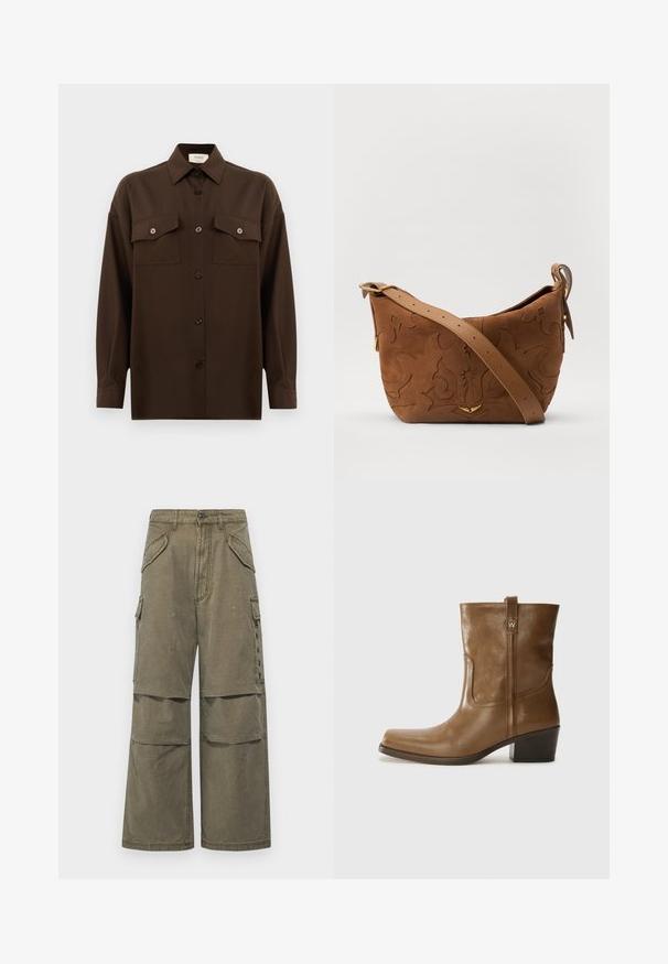 Donkerbruin langarm overhemd met knopen, voorzien van twee zakken met klep op de borst en een klassieke kraag, weergegeven tegen een effen witte achtergrond.; Khaki cargobroek van katoen, met een wijdvallende stijl, meerdere zakken en gestikte details. Geschikt voor casual wear.; Bruine lederen enkelboot met een vierkante neus, gestructureerde afwerking en een lage blokhak. Voorzien van een handige achterste lus en subtiele stikdetails.; Bruine suède schoudertas met een geperst bloemmotief, aangevuld met een gladde bruin leren schouderband en accenten in goudkleurig metaal.