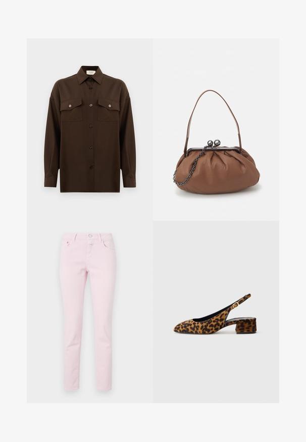 Tamsiai rudas ilgarankovis mygtukų marškiniai su dviem kišenėmis ant krūtinės ir klasikiniais apykakle, pristatomas prieš paprastą baltą foną.; Šviesiai rožinės spalvos džinsai su siauru siluetu, turi mygtuko ir užtrauktuko užsegimą, penkių kišenių dizainą ir siuvimo detales.; Moters leopardų rašto bateliai su žemu bloku įkulniu ir auksine sagtimi šone, parodyti šoniniame profilyje ant vientisos fono.; Ruda odinė rankinė su surinkto dizaino, trumpa odinė rankena ir grandinėlės diržas. Yra sidabrinė metalinė sagtis su dviem apvaliais akcentais.