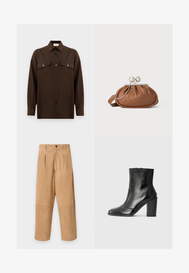 Mörkbrun långärmad skjorta med knappar, två fällbara bröstfickor och klassisk krage, visad mot en enkel vit bakgrund.; Beiga, mockaskjorts med avslappnad passform, som har framfickor, knappstängning och sidfickor. Slät struktur genom hela plagget.; Svart läderankelboot med en slät yta, spetsig tå och en kraftig hög klack. Har en sidöppning och ett minimalistiskt design.; Brun läderhandväska med silverkulklämma och en liten silversked på vit bakgrund.