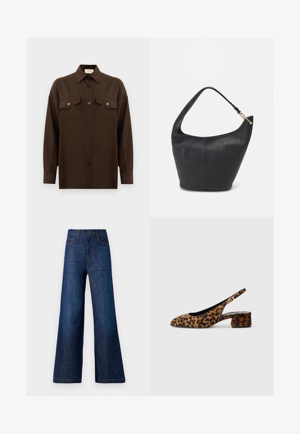Dark brown long-sleeve button-up shirt with two flap chest pockets and a classic collar, displayed against a plain white background.; Wide-leg jeans made of dark blue denim. Features five pockets, a front button closure, and visible stitching along the waistband and hem.; Women's leopard print slingback shoe with low block heel and gold buckle on side strap, shown in side profile on plain background.; Black leather handbag with a rounded shape, a wide strap, and a textured finish. Features a subtle seam detail and a gold-tone hardware accent.