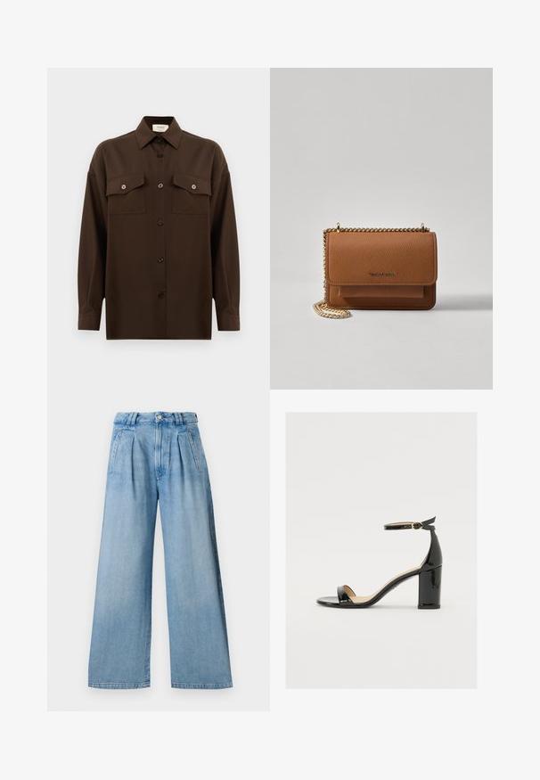 Camisa de botões de manga longa castanho-escuro, com dois bolsos de aba no peito e um colarinho clássico, apresentada contra um fundo branco liso.; Calças largas azul-claro com pregas na cintura, dois bolsos laterais e fecho de botão. Feitas de tecido denim com uma textura suave.; Sandal de pele sintética preta com salto largo, ponta aberta e tira no tornozelo com fivela dourada. Textura suave e design elegante.; Bolsa crossbody de couro texturizado castanho com alça de corrente dourada e fecho com aba. A parte da frente apresenta detalhe do logótipo e um bolso sob a aba.