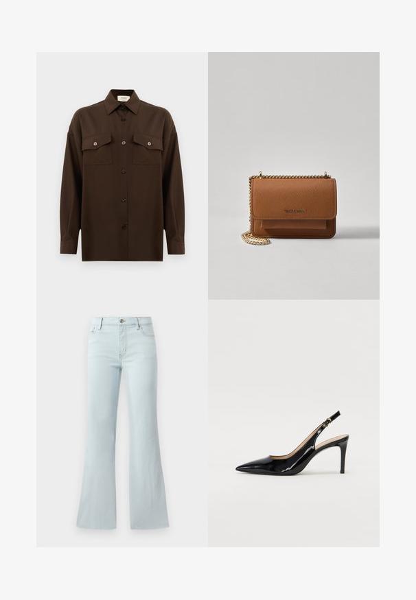 Tumepruun pikkade varrukatega nööbitav särk kahe klapp-taskuga rinnal ja klassikalise kraega, esitlemiseks lihtsa valge tausta ees.; Heledad sinine laienev teksapüks, mis on valmistatud denimist. Omab klassikalist viit taskut ja eest nööpidega sulgemist. Sile tekstuur kogu ulatuses.; Must hõbedavärvi patendiga slingback kontsakingad terava varbaga, kitsas konts ja peene lõikega disain. Statistika on kuldne pandla rihmal.; Pruun tekstureeritud nahk ristkeha kott kuldse ahelaga rihmaga ja klapiga sulgemine. Esiküljel on logo detail ja tasku klapi all.