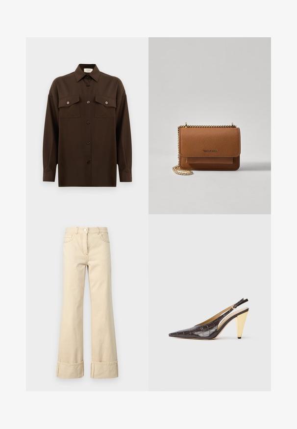 Camisa de manga larga de color marrón oscuro con botones, dos bolsillos en el pecho con solapa y un cuello clásico, exhibida contra un fondo blanco liso.; Jeans acampanados de color beige, hechos de algodón, con dobladillo enrollado, cinco bolsillos y costuras en contraste. Cierre delantero con botón y cremallera.; Zapatos de tacón tipo slingback de punta afilada en imitación de cocodrilo brillante de color marrón oscuro. Presenta un tacón geométrico en tono dorado y una correa ajustable en el tobillo.; Bolso crossbody de cuero texturizado marrón con correa de cadena dorada y cierre de solapa. La parte frontal presenta un detalle de logo y un bolsillo debajo de la solapa.