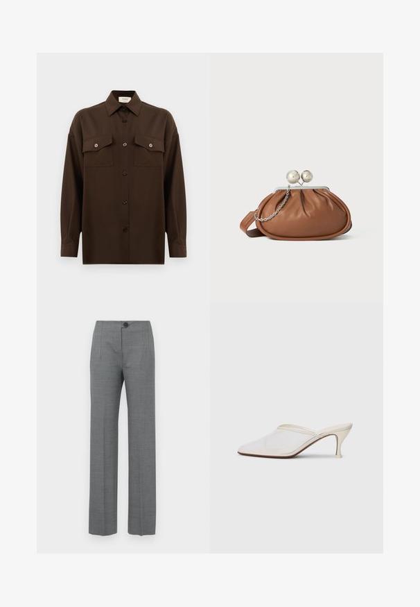 Mörkbrun långärmad skjorta med knappar, två fällbara bröstfickor och klassisk krage, visad mot en enkel vit bakgrund.; Grå skräddarsydda byxor med rak passform, med knäppning fram, sidofickor och en mjuk, strukturerad tyg.; Vit nät-mule med spetsig tå, smal klack i medelhöjd och slip-on design mot en enkel bakgrund.; Brun läderhandväska med silverkulklämma och en liten silversked på vit bakgrund.