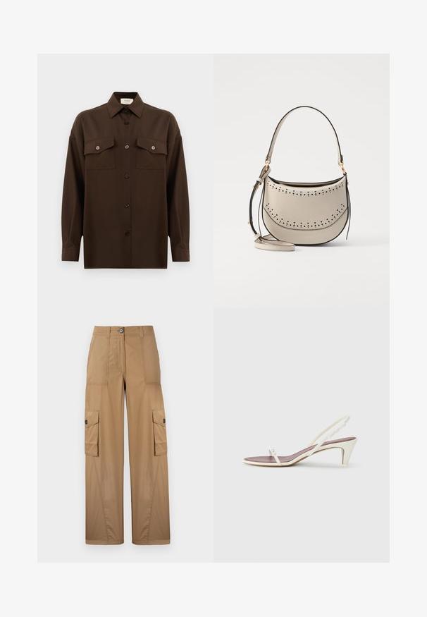 Tumepruun pikkade varrukatega nööbitav särk kahe klapp-taskuga rinnal ja klassikalise kraega, esitlemiseks lihtsa valge tausta ees.; Khaki värvi laiade jalgadega cargo püksid, millel on kaks küljetaskut, nupu sulgemine ning sile ja vastupidav kangas.; Valged slingback sandaalid kergelt kontsaga, õhukeste rihmade ja sileda nahatekstuuriga; sisaldavad väikest dekoratiivset pandlat.; Vanessa Bruno MINI DAILY BAG - Käekott - ivoire