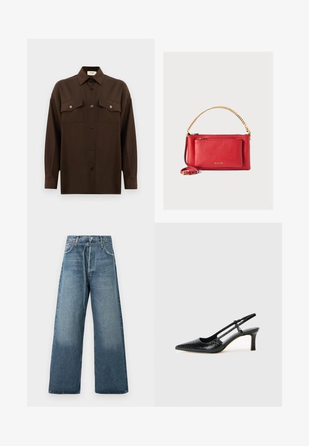 Chemise à manches longues brun foncé avec boutons, dotée de deux poches poitrine à rabat et d'un col classique, présentée sur un fond blanc uni.; Jeans évasés bleu en délavé, fabriqués en denim avec des accents de couture visibles et une fermeture à bouton à la taille.; Escarpin slingback en vernis noir avec un bout pointu, présentant un imprimé serpent texturé, une sangle réglable et un petit talon bloc texturé.; Sac à main en cuir rouge avec une finition texturée, chaîne et sangle dorées, poche zippée avant et logo en relief. Design compact et structuré.