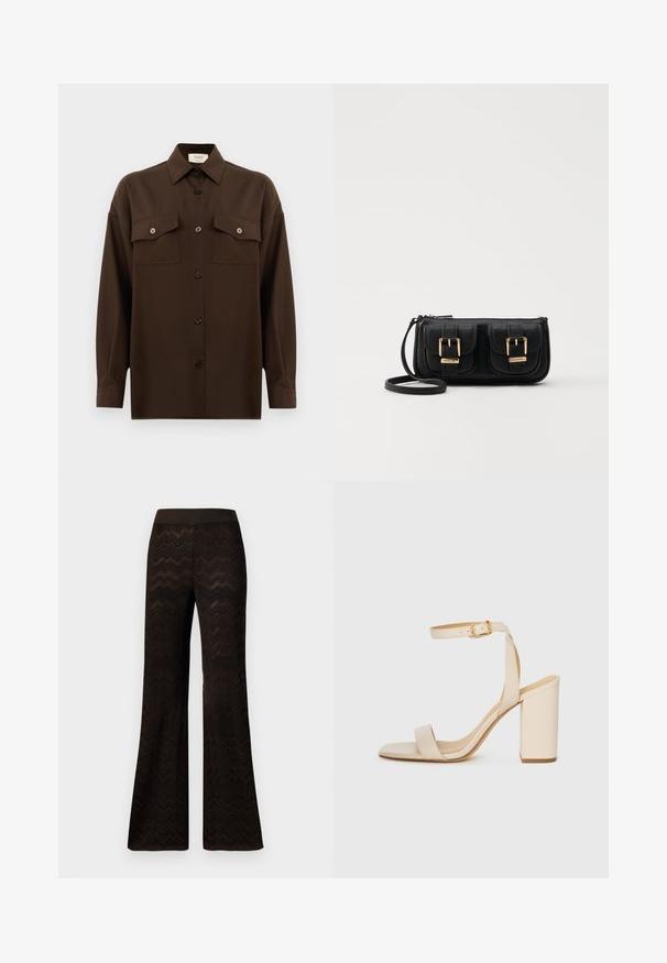 Tumepruun pikkade varrukatega nööbitav särk kahe klapp-taskuga rinnal ja klassikalise kraega, esitlemiseks lihtsa valge tausta ees.; Laiad mustriga mustad püksid, millel on kaheksajalgne kootud muster ja elastne vöökoht, esitlemine lihtsa valge tausta ees.; Beez värvi kõrge kontsaga sandaal ruudukujulise varba, peene pahkluu rihma ja plokknupuga. Sile nahk текстuur kuldse pandlaga detailiga.; Must küllastamata nahast õlakott, millel on kaks esist nähtavat taskut, kuldsed pandlad, tõmblukuga sulgemine ja peen rihm. Tekstuuriga pind ja kompaktne ristkülikukujuline kuju.