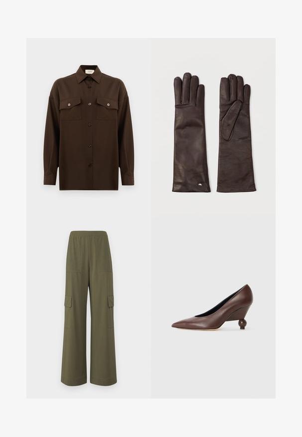 Mørkebrun langærmet skjorte med knaplukning, to brystlommer med klap og en klassisk krave, præsenteret mod en helt hvid baggrund.; Bredbenede cargo-bukser i olivengrøn, lavet af åndbart stof, med sidelommer og en afslappet pasform med en flad talje.; Brune læder wedge pumpe med spids tå og en rund, kugleformet hæl. Glat tekstur med et enkelt design og minimalt med detaljer.; Et par lange, mørkebrune læderhandsker, der ligger fladt, med synlige sømme og en lille sølvdetalje nær håndleddet på den ene handske.; Et par lange, mørkebrune læderhandsker, der ligger fladt, med synlige sømme og en lille sølvdetalje nær håndleddet på den ene handske.