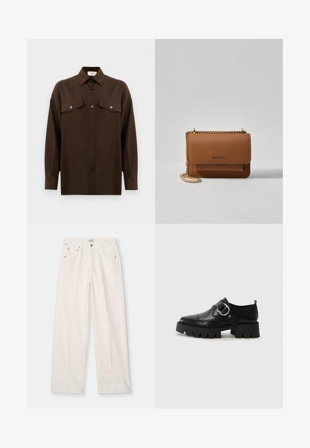 Camisa de manga larga de color marrón oscuro con botones, dos bolsillos en el pecho con solapa y un cuello clásico, exhibida contra un fondo blanco liso.; Citizens of Humanity AYLA BAGGY - Vaqueros boyfriend - pashmina (off white); Zapatos de cuero negro con una suela gruesa y estriada, que presentan un acento de hardware plateado en forma circular y un detalle de costura mínima.; Bolso crossbody de cuero texturizado marrón con correa de cadena dorada y cierre de solapa. La parte frontal presenta un detalle de logo y un bolsillo debajo de la solapa.