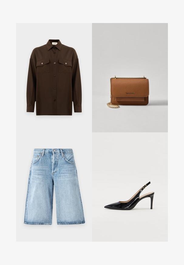 Tumepruun pikkade varrukatega nööbitav särk kahe klapp-taskuga rinnal ja klassikalise kraega, esitlemiseks lihtsa valge tausta ees.; Heledad sinise värvi teksapüksid, mis on laia lõikega, kõrgema talje ja viie taskuga disainiga, ning kangas on kergelt kulunud.; Must hõbedavärvi patendiga slingback kontsakingad terava varbaga, kitsas konts ja peene lõikega disain. Statistika on kuldne pandla rihmal.; Pruun tekstureeritud nahk ristkeha kott kuldse ahelaga rihmaga ja klapiga sulgemine. Esiküljel on logo detail ja tasku klapi all.