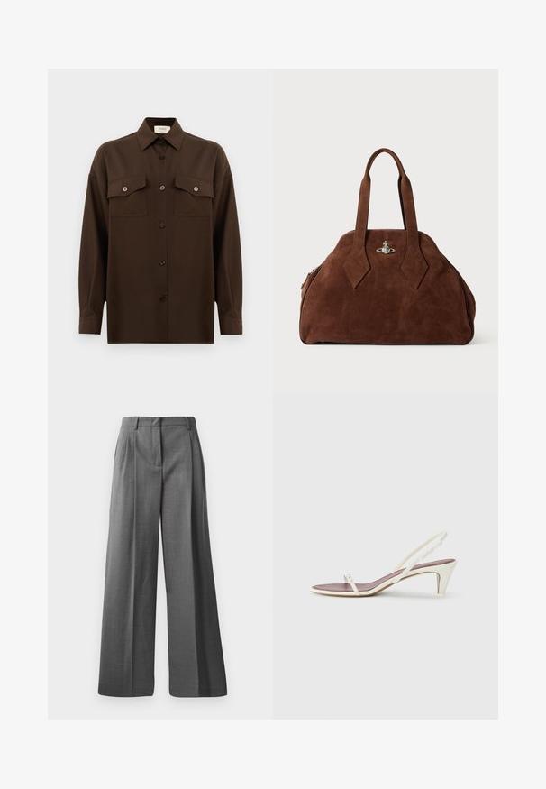 Camisa de manga larga de color marrón oscuro con botones, dos bolsillos en el pecho con solapa y un cuello clásico, exhibida contra un fondo blanco liso.; Pantalones grises de pierna ancha hechos de una tela texturizada con un patrón sutil. Presentan pliegues frontales y una cintura con presillas para cinturón.; Sandalias blancas de goma con un ligero tacón, tiras delgadas y una textura de cuero suave; cuentan con una pequeña hebilla decorativa.; Bolso de ante marrón con una forma estructurada, cuerpo redondeado y asas alargadas en forma de diamante. Presenta un cierre de hardware plateado.