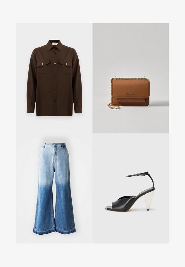 Camisa de botões de manga longa castanho-escuro, com dois bolsos de aba no peito e um colarinho clássico, apresentada contra um fundo branco liso.; Saias largas de ganga em azul claro com um degradê desbotado do claro para o escuro, bainha costurada e design de cinco bolsos.; Sandal de salto alto em couro preto com bico aberto, design assimétrico, tira no tornozelo e um salto metálico em forma de cone. Textura suave por toda a parte.; Bolsa crossbody de couro texturizado castanho com alça de corrente dourada e fecho com aba. A parte da frente apresenta detalhe do logótipo e um bolso sob a aba.