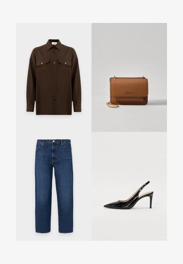 Temno rjav srajca z dolgimi rokavi na gumbe, z dvema žepoma na prsih in klasičnim ovratnikom, prikazana na enotni beli podlagi.; Temno modri kavbojasti jeans s sproščenim krojem, ravnimi hlačnicami, zasnovanimi s petimi žepi, sprednjim gumbom in subtilnimi šivi.; Črne lakirane slingback čevlje z izostrenim nosom, ozkim peto in subtilnim izrezom. Na traku je zlata sponka.; Rjava teksturirana usnjena torba čez ramo z zlatim verižnim trakom in zapiranjem na pokrov. Spredaj je vidna podrobnost logotipa in žep pod pokrovom.