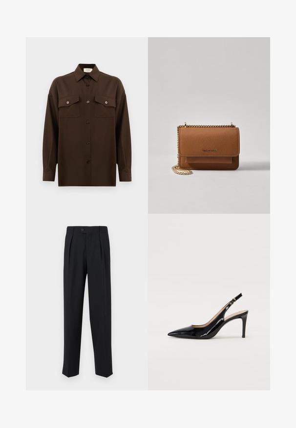 Dark brown long-sleeve button-up shirt with two flap chest pockets and a classic collar, displayed against a plain white background.; Black trousers made of smooth fabric, featuring front pleats, a single button closure, and straight legs. Minimalist design with no patterns.; Black patent leather slingback pump with pointed toe, slim heel, and a subtle cutout design. Features a gold buckle on the strap.; Brown textured leather crossbody bag with gold chain strap and flap closure. Front features logo detail and a pocket under the flap.