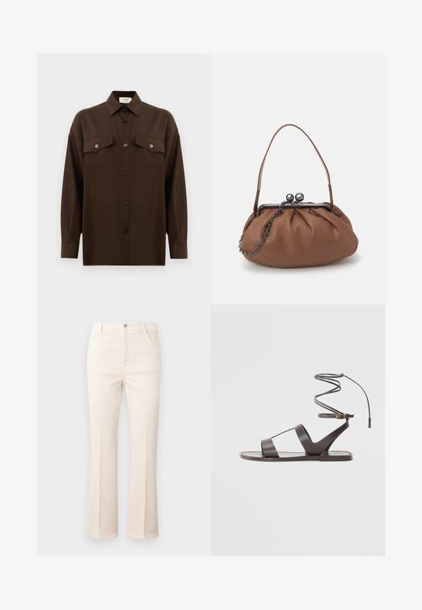 Temno rjav srajca z dolgimi rokavi na gumbe, z dvema žepoma na prsih in klasičnim ovratnikom, prikazana na enotni beli podlagi.; Svetlo rjave flare kavbojke iz bombaža, z visokim pasom, petimi žepi, gumbom za zapiranje in diskretnimi detajli šivanja.; Rjave usnjene sandale s ravnim podplatom, ki imajo minimalističen dizajn, ukrivljen trak za gleženj in več odprtin za zračnost.; Rjava usnjena torbica z gubanjem, kratkim usnjenim ročajem in verižnim trakom. Ima srebrno kovinsko zaponko z dvema okroglima okrasoma.
