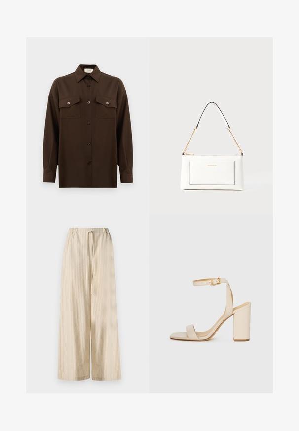 Tumši brūns garām piedurknēm pogājams krekls ar diviem kabatām uz krūtīm un klasisku apkakli, attēlots uz vienkārša baltā fona.; Gai bēšas platās bikses, izgatavotas no mīksta auduma, ar vertikālām svītrām un elastīgu jostasvietu ar aukliņu.; Bežīgas augstpapēžu sandales ar kvadrātu purngalu, plānu potītes siksnu un blokveida papēdi. Gluda ādas tekstūra ar zelta sprādzi.; Baltā ādas rokassomu ar teksturētu apdari, ar zelta ķēdes siksnu un melniem akcentiem. Iekļauj priekšējo kabatu un aizdari ar rāvējslēdzēju.