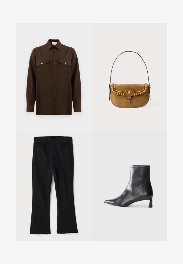 Dark brown long-sleeve button-up shirt with two flap chest pockets and a classic collar, displayed against a plain white background.; Mother LIL HUSTLER FRAY - Bootcut jeans - black denim; Black leather ankle boot with a pointed toe and a sleek design. Features a low heel and a zipper closure at the back. Smooth texture.; Brown leather handbag with a curved shape, featuring gold stud accents along the top, a short strap, and a buckle closure.