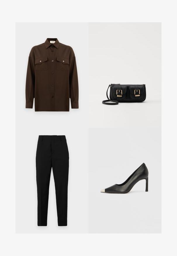 Dark brown long-sleeve button-up shirt with two flap chest pockets and a classic collar, displayed against a plain white background.; Black trousers with a tailored fit, featuring side pockets, a smooth texture, and a sleek design that tapers towards the ankle.; Black leather high heel shoe with a pointed toe and a metallic silver cap. Features a smooth finish and a slender 10 cm heel.; Black leather crossbody bag with two front pockets, gold buckles, zipper closure, and a slim strap. Textured surface and compact rectangular shape.