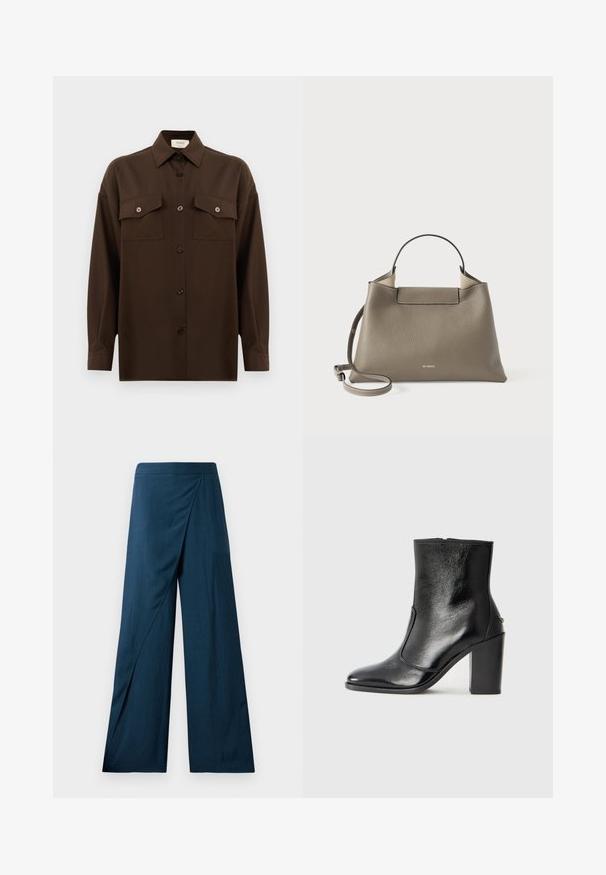 Cămașă lungă, cu mâneci lungi, de culoare maro închis, cu două buzunare frontale cu clapetă și guler clasic, expusă pe un fundal alb simplu.; Pantaloni largi de culoare albastră închisă, cu un design înfășurat și un material texturat, neted. Tivul este ușor evazat pentru o siluetă fluidă.; Botină din piele neagră, cu o textură netedă, vârf ascuțit și toc gros, înalt. Dispune de o deschidere laterală și un design minimalist.; Geantă din piele gri texturată, cu un mâner superior și o curea de umăr ajustabilă, având un design minimalist și o marcă subtilă embosată pe față.