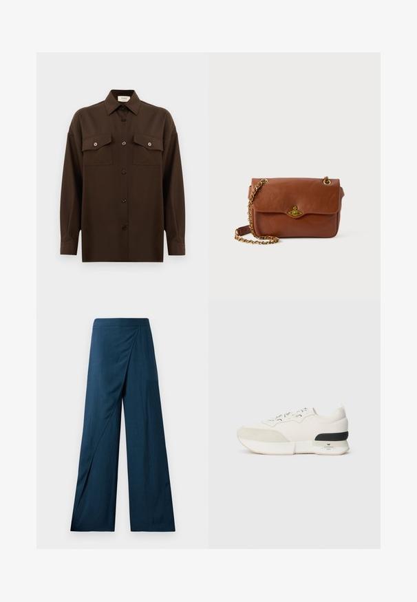 Temno rjav srajca z dolgimi rokavi na gumbe, z dvema žepoma na prsih in klasičnim ovratnikom, prikazana na enotni beli podlagi.; Široke hlače v temno modri barvi, s zavitim dizajnom in gladkim, teksturiranim materialom. Rob je rahlo širjen za tekočo silhueto.; Bela športna obutev z teksturiranim nubukom na vrhu prstov, gladkim mrežastim zgornjim delom, okrasnimi vezalkami in črnim gumijastim poudarkom na peti.; Rjava usnjena torba čez ramo s pokrovom, zlatim okovjem in verižnim trakom. Gladka tekstura, pravokotna oblika, minimalno podrobnosti.