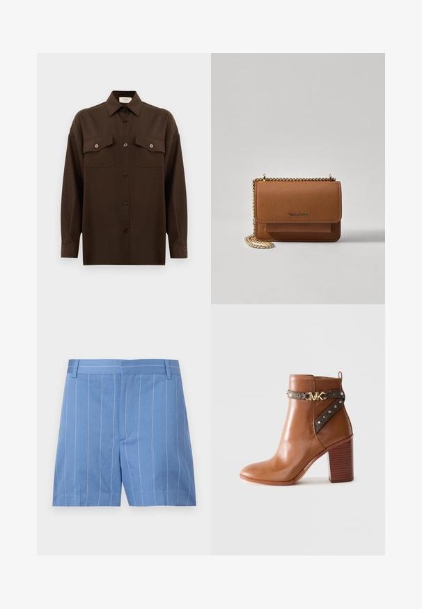 Dark brown long-sleeve button-up shirt with two flap chest pockets and a classic collar, displayed against a plain white background.; Light blue shorts with white vertical stripes, featuring a smooth texture, flat front, and standard waistband with belt loops.; Brown leather ankle boot with stacked block heel, side strap featuring gold studs and a gold "MK" logo buckle.; Brown textured leather crossbody bag with gold chain strap and flap closure. Front features logo detail and a pocket under the flap.