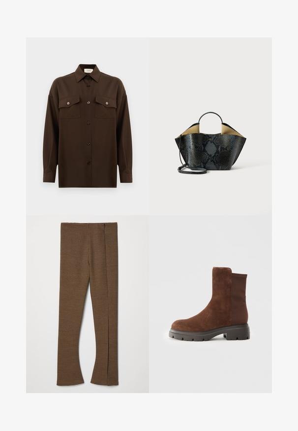 Chemise à manches longues brun foncé avec boutons, dotée de deux poches poitrine à rabat et d'un col classique, présentée sur un fond blanc uni.; Pantalons évasés en vichy marron avec un tissu texturé, une taille haute et une fermeture éclair sur le côté.; Bottines en suede marron avec des panneaux élastiques sur les côtés, bout arrondi, et une semelle en caoutchouc épaisse présentant un motif de bande de roulement texturé.; Sac à main en motif peau de serpent noir et gris avec un design structuré, des poignées doubles et une bandoulière ajustable. Il dispose d'un intérieure beige.