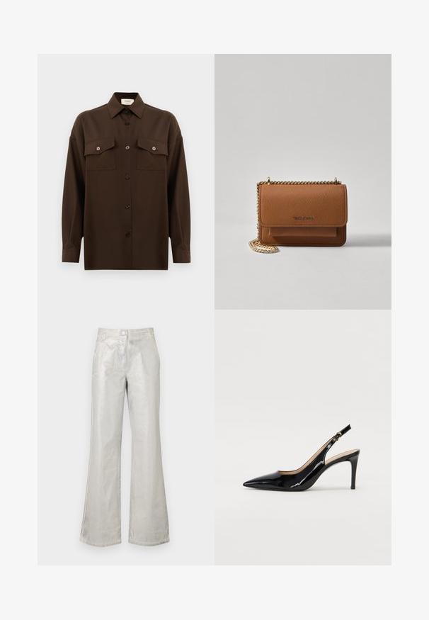 Temno rjav srajca z dolgimi rokavi na gumbe, z dvema žepoma na prsih in klasičnim ovratnikom, prikazana na enotni beli podlagi.; Srebrne razširjene hlače iz sijočega materiala, z zaklepanjem na gumb spredaj, dvema žepoma in vidnimi šivi.; Črne lakirane slingback čevlje z izostrenim nosom, ozkim peto in subtilnim izrezom. Na traku je zlata sponka.; Rjava teksturirana usnjena torba čez ramo z zlatim verižnim trakom in zapiranjem na pokrov. Spredaj je vidna podrobnost logotipa in žep pod pokrovom.