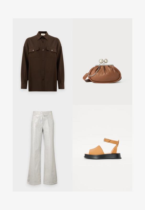 Tumma ruskea pitkähihainen napitettava paita, jossa on kaksi läpällistä rintataskua ja klassinen kaulus, esiteltynä yksinkertaista valkoista taustaa vasten.; Hopeiset leveälahkeiset housut, jotka on valmistettu kiiltävästä materiaalista. Niissä on etuvetoketjukiinnitys, kaksi taskua ja näkyviä ompelutikkauksia.; Ruskeat nahkasandaalit, joissa on leveä etuosa, avoin varvas, säädettävä hihna ja paksu musta alusta. Sujuva pinta ja minimaalinen muotoilu.; Ruskolehti nahka käärimispuss, jossa on hopeinen pallo-osa ja pieni hopeaketjuvalinta valkoista taustaa vasten.