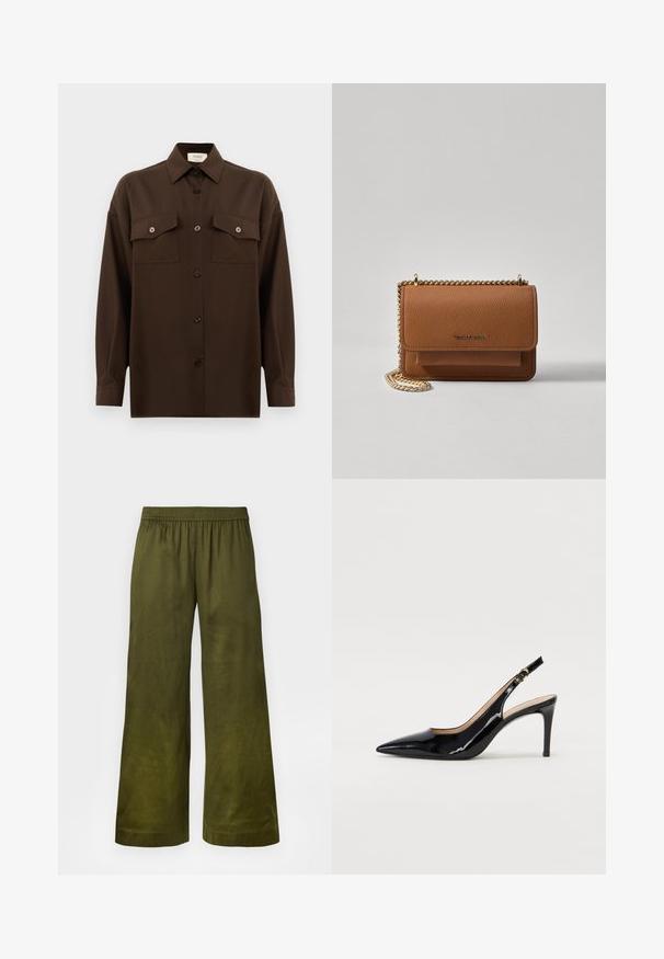 Temno rjav srajca z dolgimi rokavi na gumbe, z dvema žepoma na prsih in klasičnim ovratnikom, prikazana na enotni beli podlagi.; Široke hlače iz olivno zelene tkanine z elastičnim pasom in gladko teksturo. Brez vidnih vzorcev ali akcentov.; Črne lakirane slingback čevlje z izostrenim nosom, ozkim peto in subtilnim izrezom. Na traku je zlata sponka.; Rjava teksturirana usnjena torba čez ramo z zlatim verižnim trakom in zapiranjem na pokrov. Spredaj je vidna podrobnost logotipa in žep pod pokrovom.