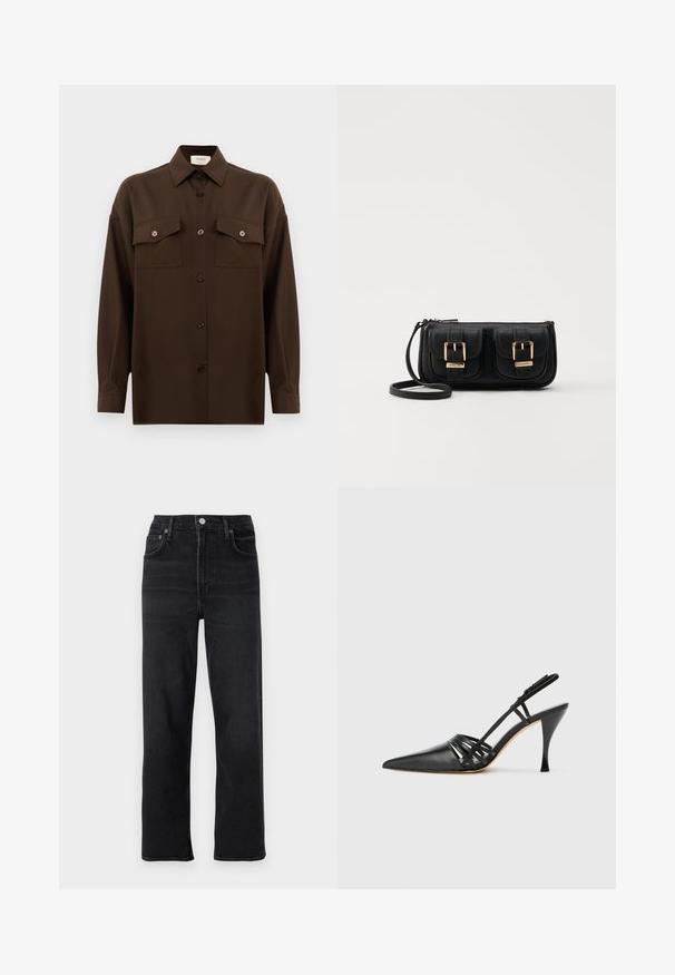 Temno rjav srajca z dolgimi rokavi na gumbe, z dvema žepoma na prsih in klasičnim ovratnikom, prikazana na enotni beli podlagi.; Črne ravne kavbojke iz denima. Imajo pet žepov, zanko in zadrgo ter subtilne detajle šivanja.; Črne usnjene visokoodporne čevlje s peto in koničastim prstom, zasnovo križnega traku in vitko stileto peto. Gladka tekstura in minimalni poudarki.; Črna usnjena torbica čez ramo z dvema sprednjima žepoma, zlatimi zaponkami, zadrgo in ozkim pasom. Tekstura površine je strukturirana, obliko pa ima kompaktno pravokotno.