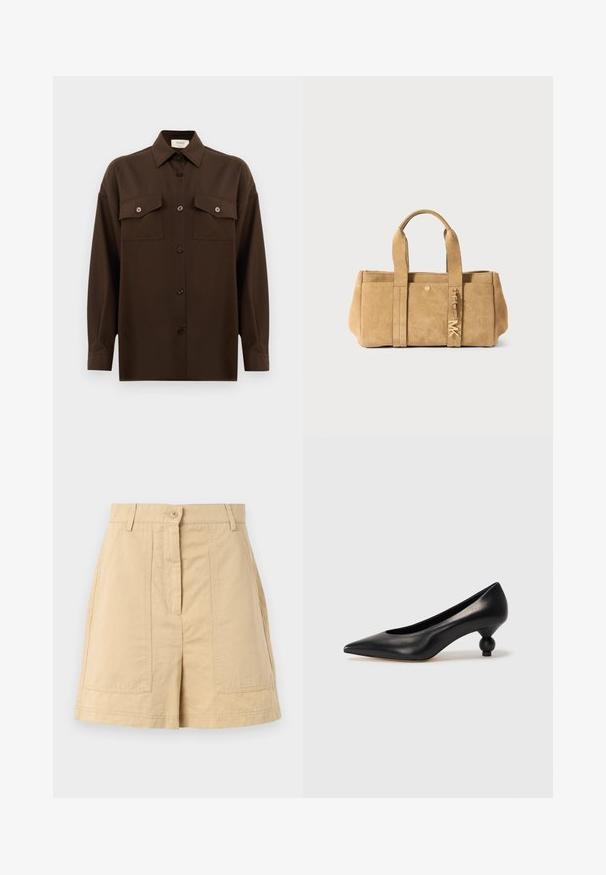 Sötétbarna, hosszú ujjú, gombos ing, két zsebével a mellén és klasszikus gallérral, egyszerű fehér háttér előtt bemutatva.; Beige színű pamut rövidnadrág magas derékkal, elöl gombos záródással, övhurkokkal és két elülső, zsebre varrt zsebbel. Sima felület és szabott kivitel.; Fekete bőr magassarkú cipő, hegyes orral és kerek, gömbölyű sarokkal. Simább textúrával, elegáns, minimalista dizájnnal.; Barna suéd táska két felső fogantyúval, elülső zsebbel, arany színű fémrészletekkel és puha, texturált felülettel.