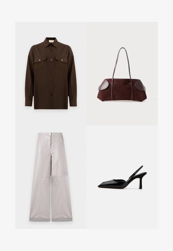 Tumma ruskea pitkähihainen napitettava paita, jossa on kaksi läpällistä rintataskua ja klassinen kaulus, esiteltynä yksinkertaista valkoista taustaa vasten.; Suurentavat housut vaaleanharmaasta tekonahasta, joissa on etunapit, kaksi sivutaskua ja sauman yksityiskohtia lisäämässä tekstuuria.; Mustasilkki slingback-korkokengät, joissa on terävä kärki, minimalistinen muotoilu, ohut nilkkaremmi ja tyylikäs stiletto-korko. Silkkinen pinta.; Ruskea mokkavuori laukku nahkaakkosilla, jämäkkä muoto, kaksinkertaiset olkahihnat ja pyöristetyt reunat, joissa on sileä pinta ja minimaalinen varustus.