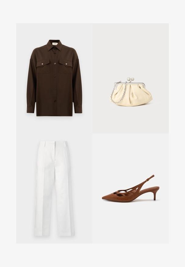 Cămașă lungă, cu mâneci lungi, de culoare maro închis, cu două buzunare frontale cu clapetă și guler clasic, expusă pe un fundal alb simplu.; Pantaloni albi cu croi larg, dintr-un material ușor, cu pliuri frontale, două buzunare la spate și o textură netedă.; Cizme cu toc slingback din piele maronie, cu vârf ascuțit, design cu decupaje și detalii cusute. Prezintă un toc subțire și o curea ajustabilă.; Clutch din piele plisată bej, cu un cadru din metal argintiu, având două închideri decorative rotunde și o curea din lanț argintiu.
