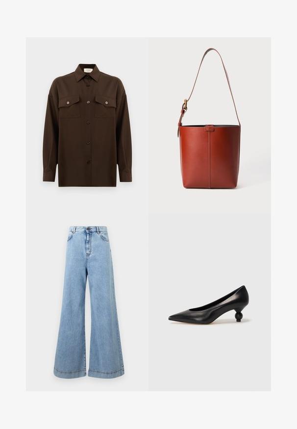 Tamsiai rudas ilgarankovis mygtukų marškiniai su dviem kišenėmis ant krūtinės ir klasikiniais apykakle, pristatomas prieš paprastą baltą foną.; Šviesiai mėlynos plačios kojų džinsai, pagaminti iš džinsinio audinio. Aukštai iškirpti, su kontrastingomis siūlėmis, penkiomis kišenėmis ir mygtuko užsegimu juosmens srityje.; Juoda odinė aukštakulnė bateliai su smailiu pirštu ir apvaliu, iškiliu kulnu. Lygus paviršius su elegantišku, minimalistiniu dizainu.; Rudos odos kibirėlio tipo krepšys su reguliuojamu petiniu diržu ir auksinės spalvos sagtimi, priekyje paprasti vertikalūs siūlai.